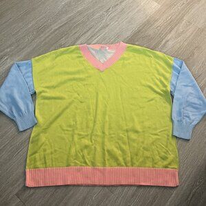 Belle by Kim Gravel Women's XL Sweater Color Block V-neck Green Blue Pink Tan